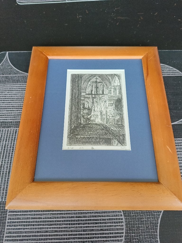 Sfeervolle ets Kerkinterieur Gothische ruimte 9/80 vintage, Ophalen of Verzenden, 31 cm, 26 cm