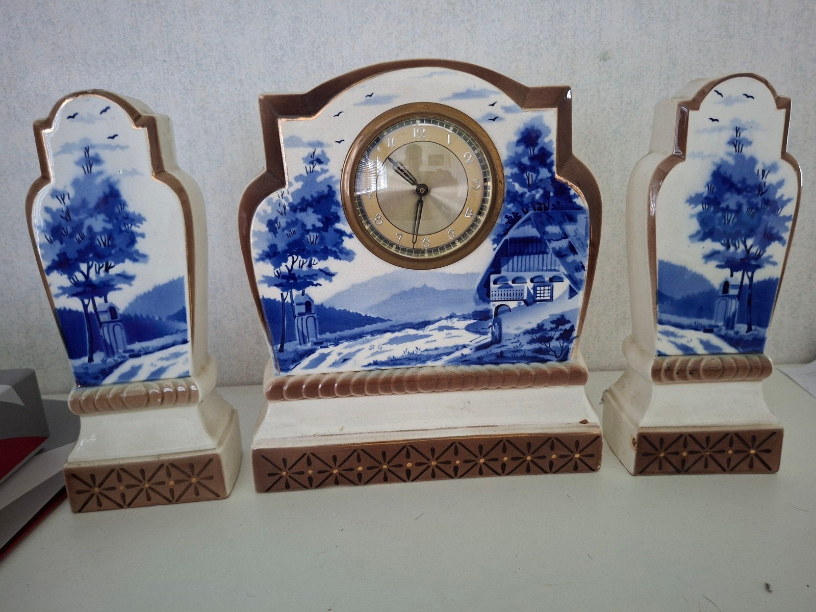Antieke Delfts Blauw Klok en Kandelaars Set, Antiek en Kunst, Ophalen of Verzenden