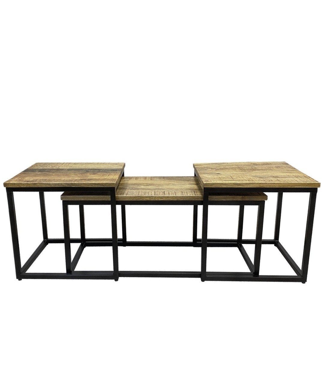 Set van 3 industriële salontafels, mangohout en metaal, Overige houtsoorten, Nieuw, Ophalen of Verzenden, Minder dan 50 cm