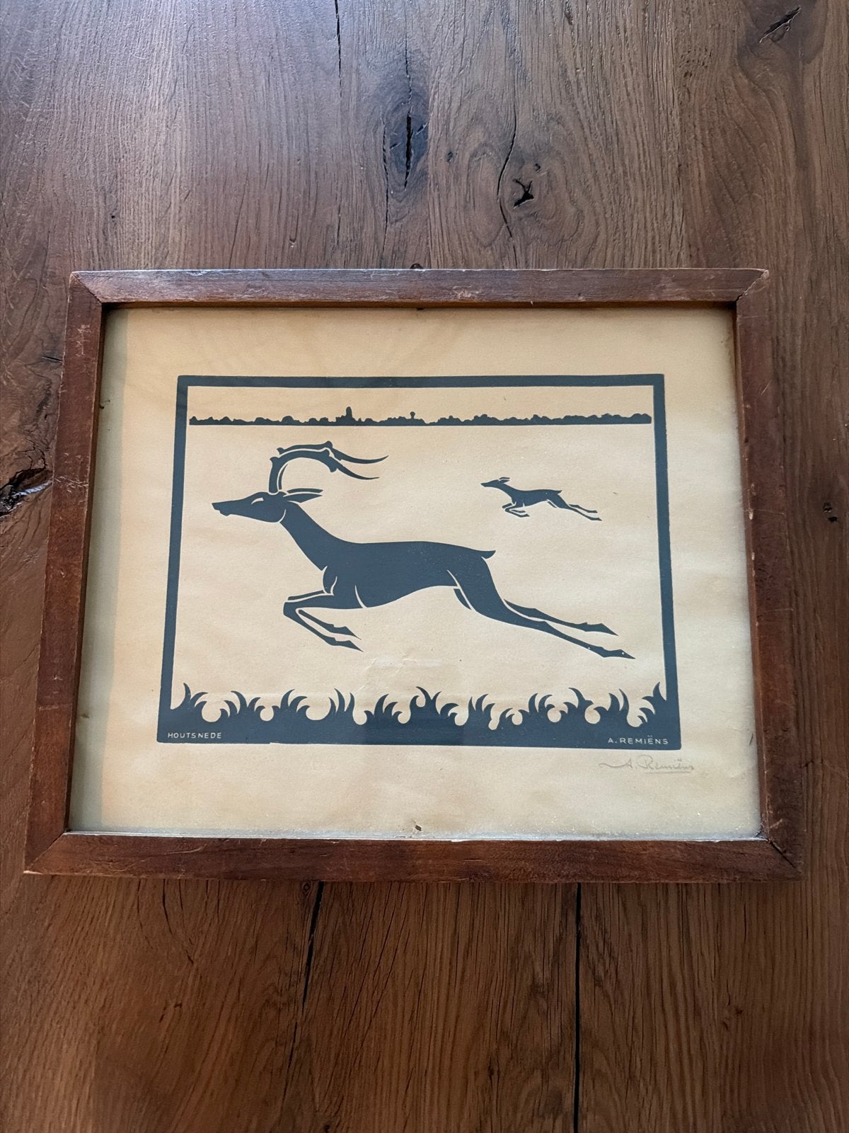 Houtsnede A. Remiëns - Springend Hert, Antiek en Kunst, Ophalen of Verzenden, Houtsnede, 1900 - 1949, Flora en Fauna