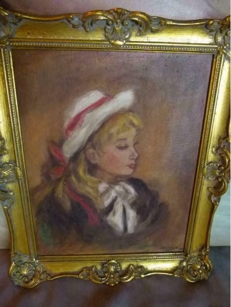 vintage schilderijtje J. Delvaux 70er jaren meisje met hoed, Ophalen, Gouache, Doek, Portret of Personen