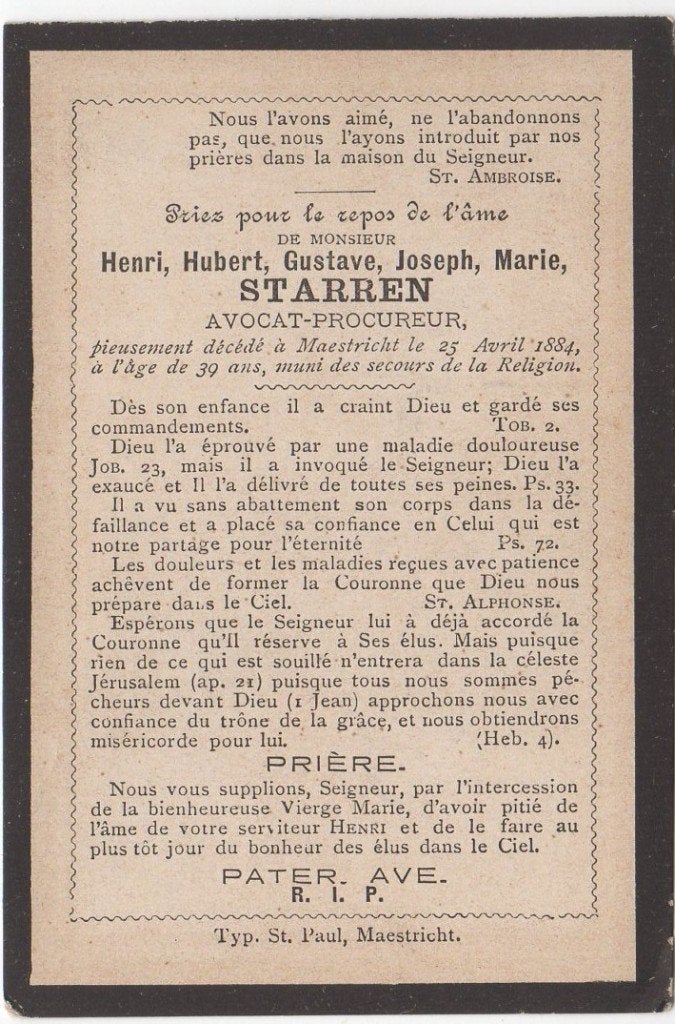 Henri Hubert Starren 1845 - 1884 Maastricht, 39 jaar oud, Verzamelen, Verzenden
