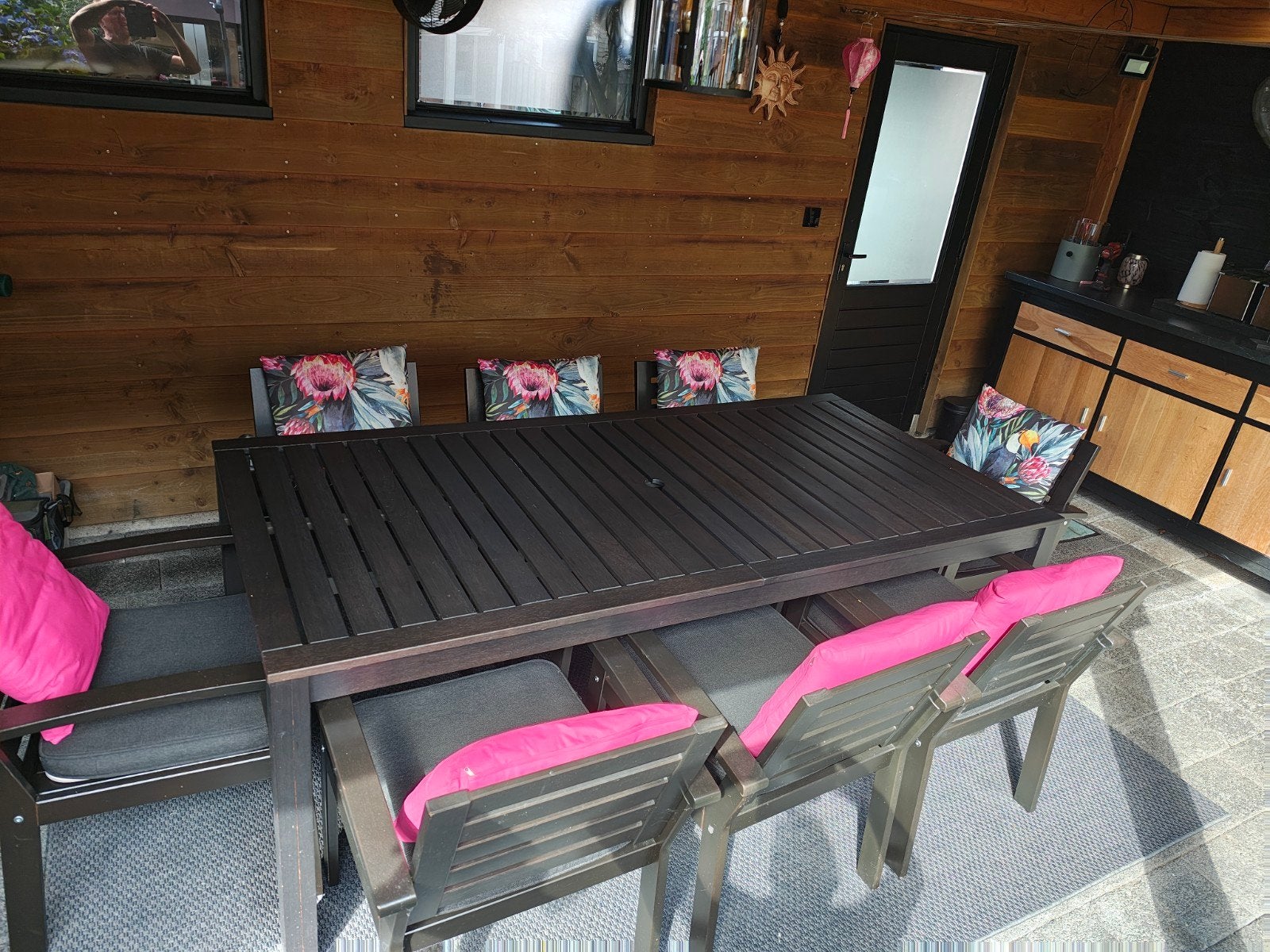 Nette Ikea tuinset met 8 stoelen en kussens, tafel 220x110cm, Tuin en Terras, Ophalen, Tuinset, Hout, Eettafel