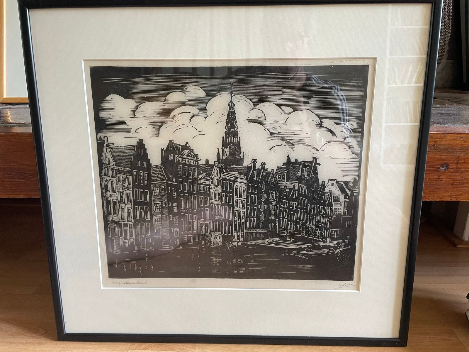 Houtsnede van Jan Boon-Amsterdamse gracht., Antiek en Kunst, Ophalen, Stadsgezicht, Houtsnede, Gesigneerd