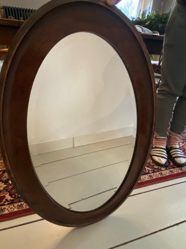 Antieke, brocante ovale spiegel met facetrand, Ophalen of Verzenden