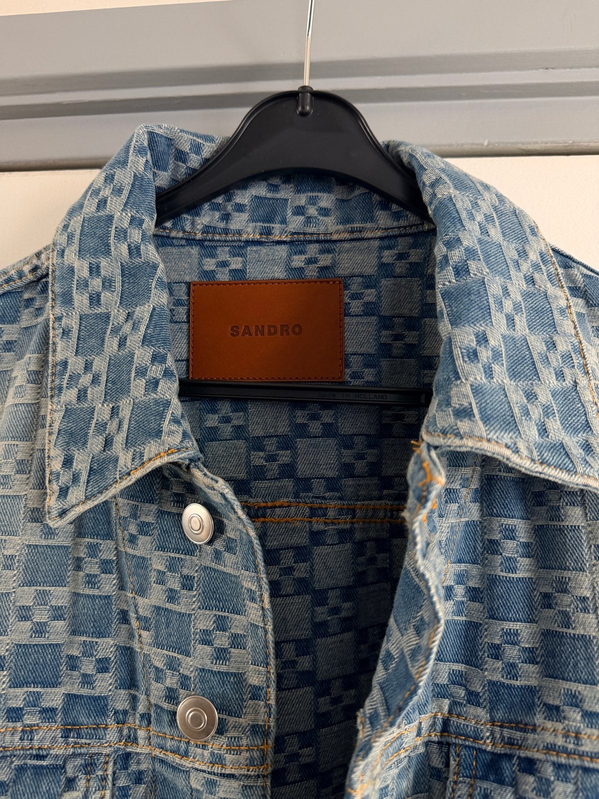Sandro spijkerjack met uniek patroon, Ophalen of Verzenden, Zo goed als nieuw, Maat 48/50 (M), Blauw