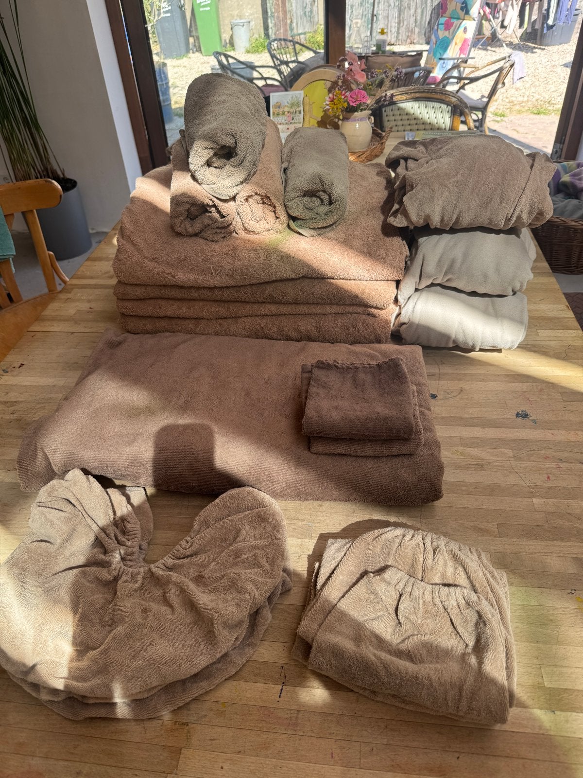 Set Walnootkleurige massage handdoeken, hoezen set - New Eco, Gebruikt, Bruin, Overige merken, Handdoek