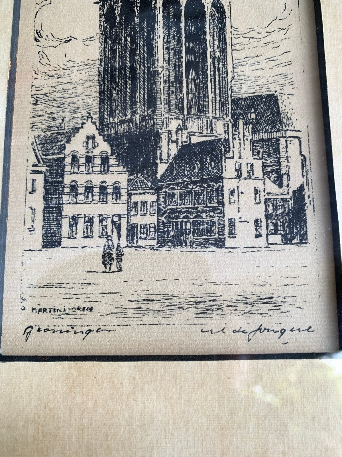 2x ingelijste prenten: Martinitoren Groningen & Orvelte Dren, Ophalen, 1950 - 1999, Stadsgezicht, Gesigneerd