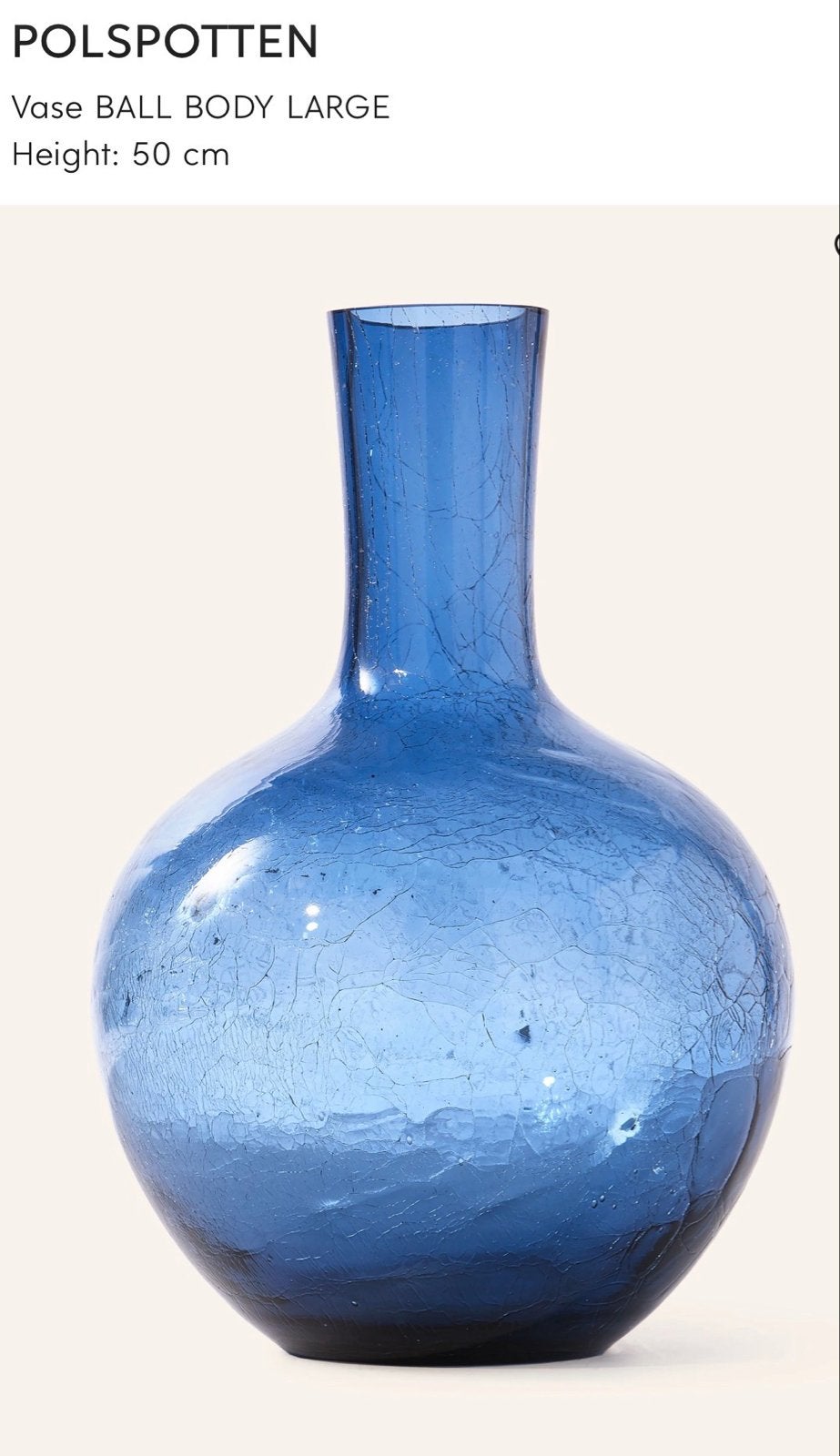 POLS POTTEN Vaas BALL BODY LARGE - Blauw, 50 cm, Huis en Inrichting, Woonaccessoires | Vazen, Nieuw, Ophalen of Verzenden, Glas
