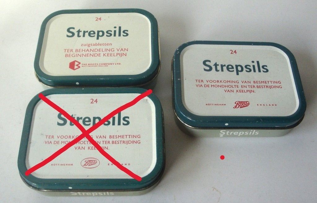 2 Strepsils blikjes, in goede staat, 2 typen (klein verschil, Verzamelen, Ophalen of Verzenden, Zo goed als nieuw, Overige