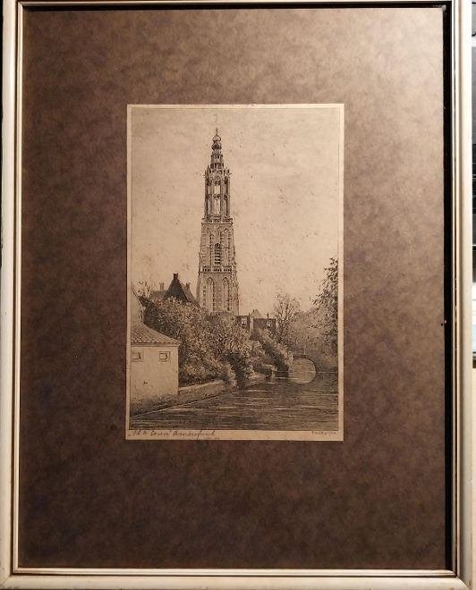 Originele ets Amersfoort (Lange Jan) - P. Bodifée 1866-1938, 31 cm, Gesigneerd, 1800 - 1899, Ets