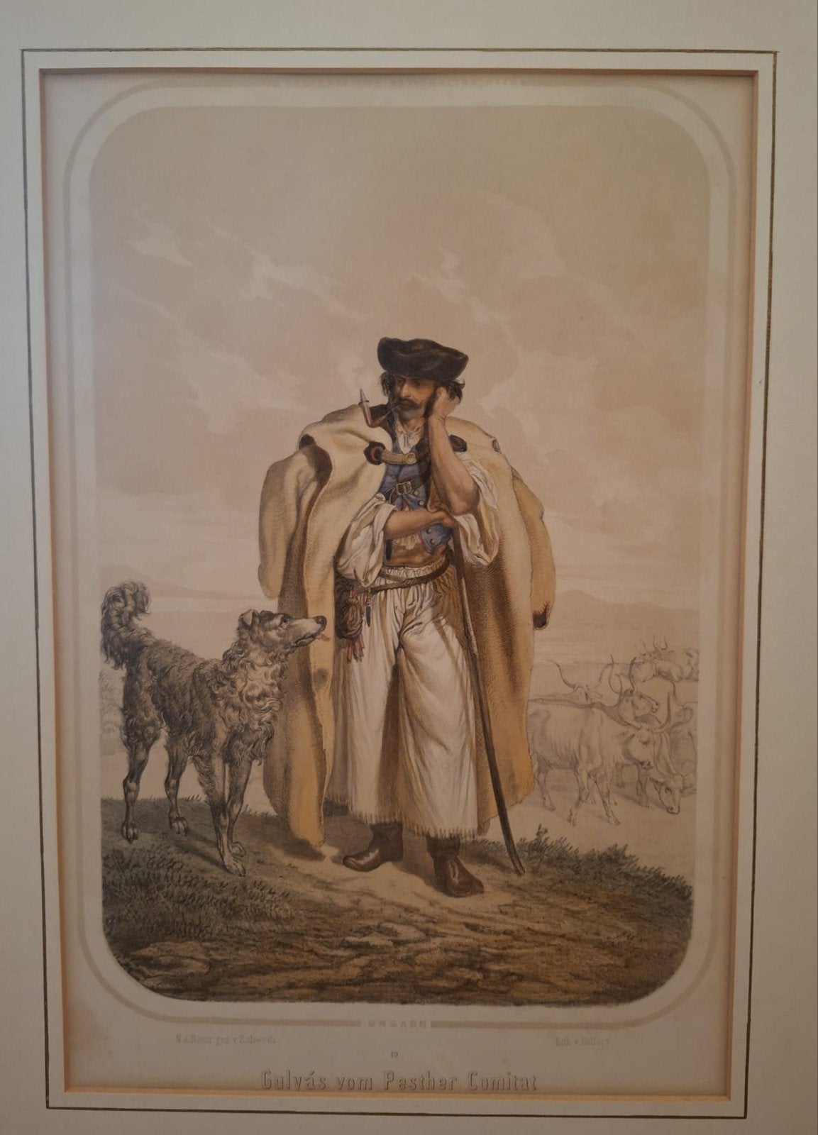 Hongaarse herder en dorpsgezicht - 2 Handgekleurde litho's, Ophalen, Handgekleurd, Dagelijks leven, 1800 - 1899