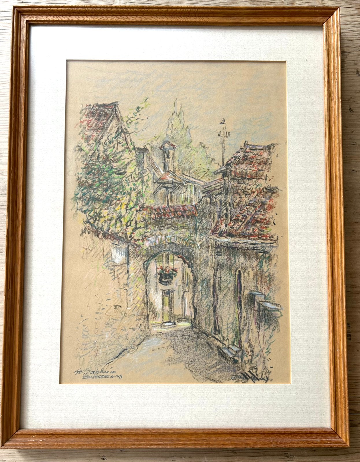 Het straatje in St. Saphorin in pastelkrijt origineel werk, Antiek en Kunst, Ophalen of Verzenden, Tekening, Pasteltekening, Handgemaakt