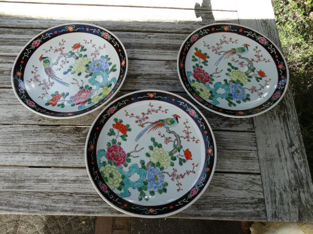 3 kapitale borden vogel / fenix tak bloemen 37 cm diameter, Antiek en Kunst, Ophalen
