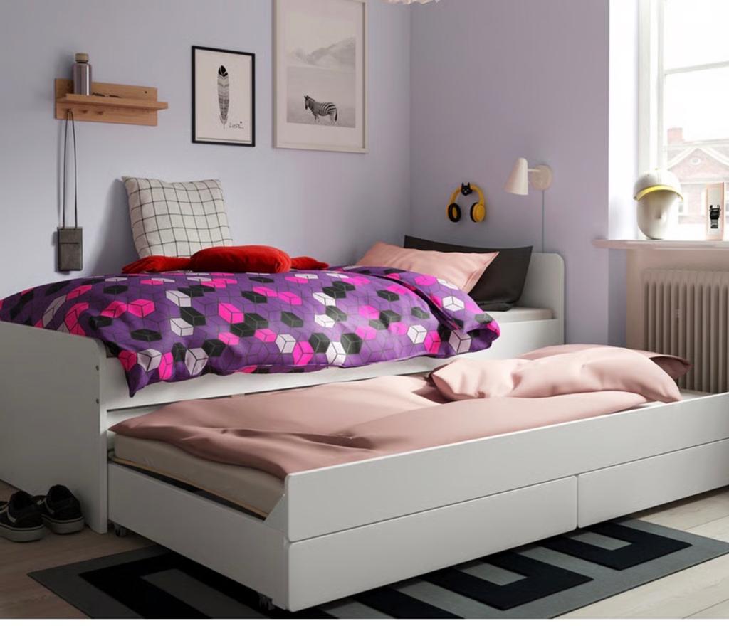 Uitschuifbaar bed met opberglades - wit SLÄKT, Ophalen, Gebruikt, 90 cm, Wit