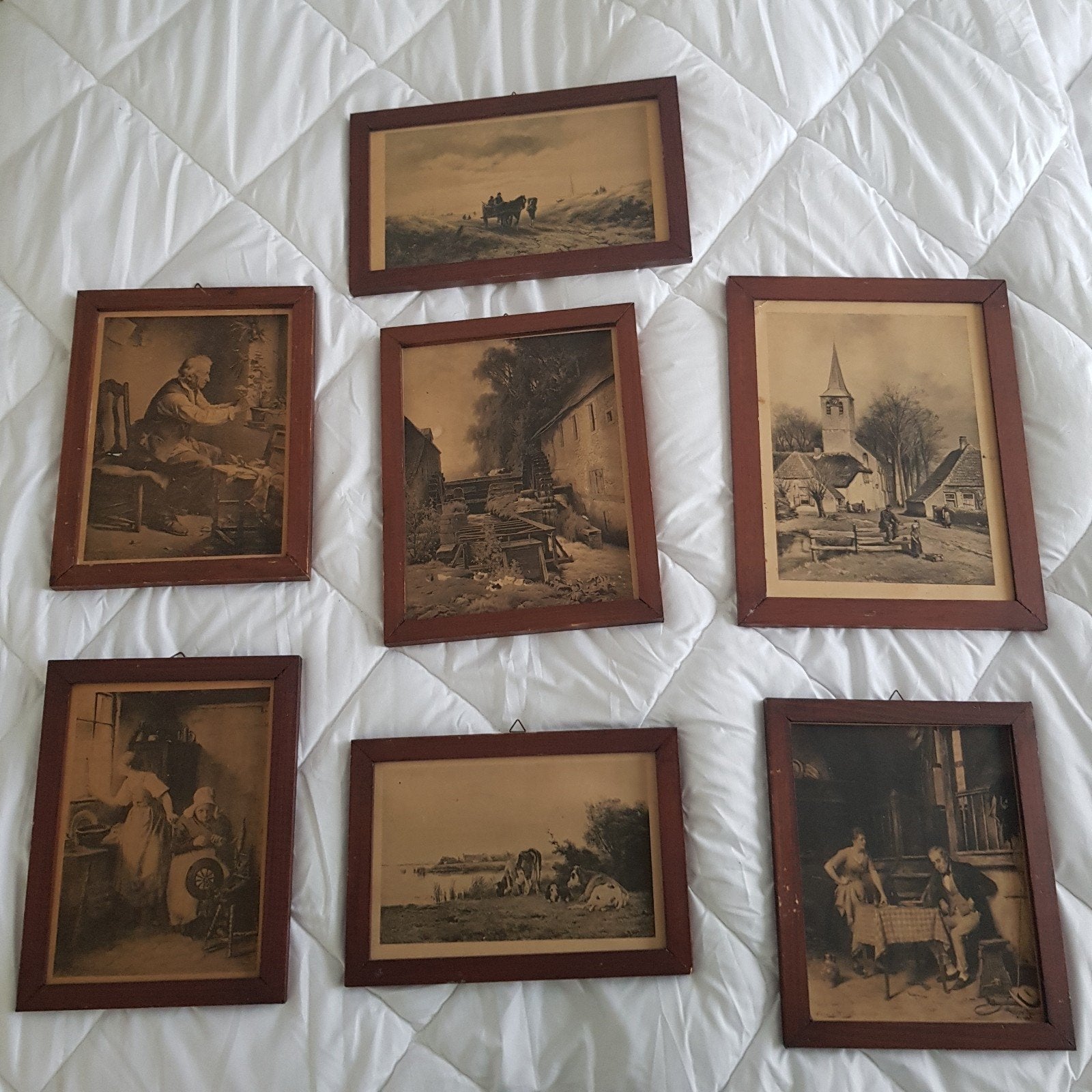 Set van 7 Antieke Prenten in Lijst - Diverse Onderwerpen, Antiek en Kunst, Ophalen of Verzenden