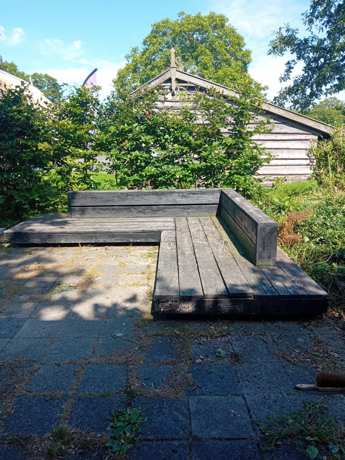Douglas houte lounge bank, Huis en Inrichting, Banken | Bankstellen, Gebruikt, Hoekbank, Vierpersoons of meer, 300 cm of meer