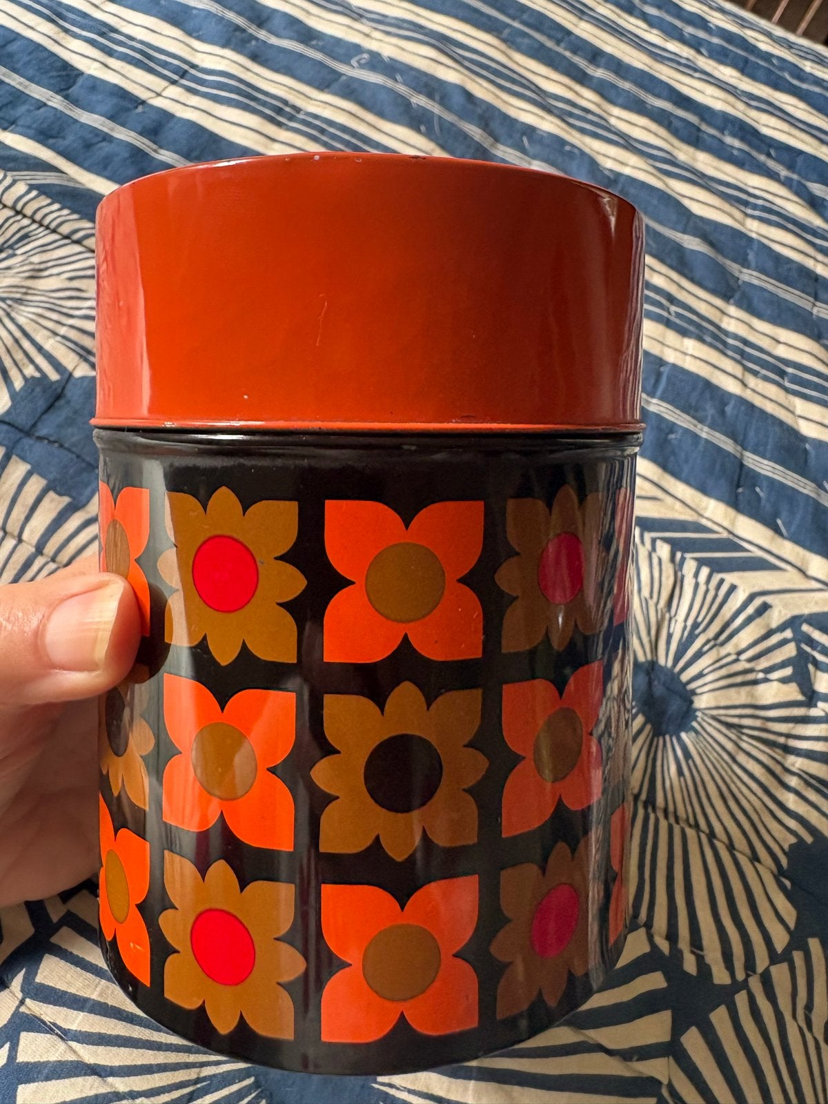 Vintage blik jaren '70 oranje zwart bloemen retro, Ophalen of Verzenden, Huis en Inrichting