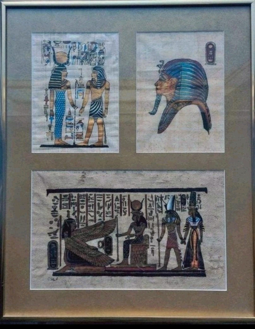 Drie ingelijste Egyptische papyrus schilderijen., Antiek en Kunst, Ophalen of Verzenden