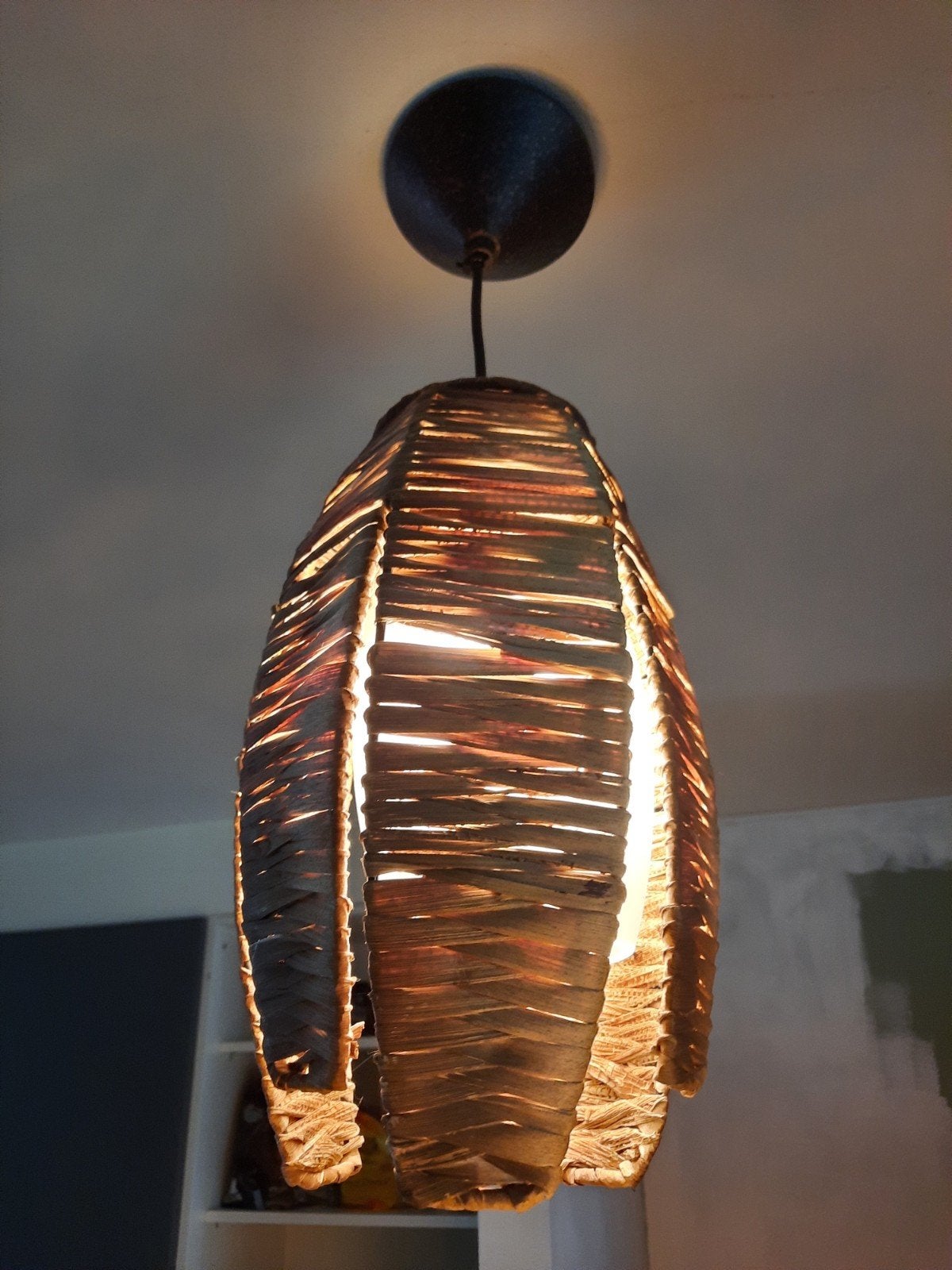 Tropische hanglamp bananenblad, Ophalen of Verzenden, Zo goed als nieuw, Glas, Tropische