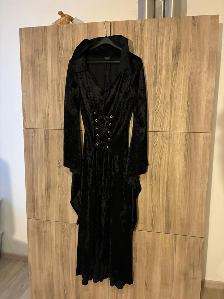 Mooie Morticia zwarte velvet jurk, Ophalen, Gedragen, Maat 42/44 (L), Zwart