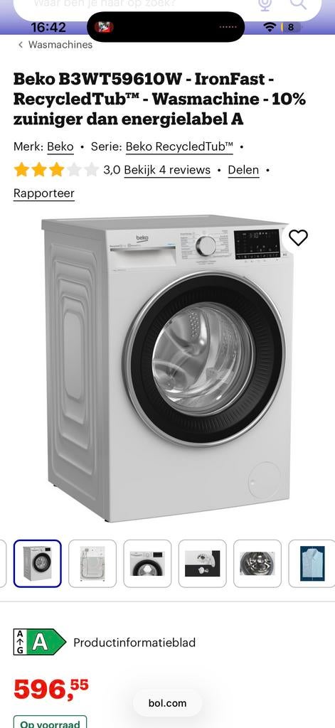 Beko B3WT59610W IronFast Wasmachine - Energiezuinig, Ophalen, 1200 tot 1600 toeren, 8 tot 10 kg, Zo goed als nieuw
