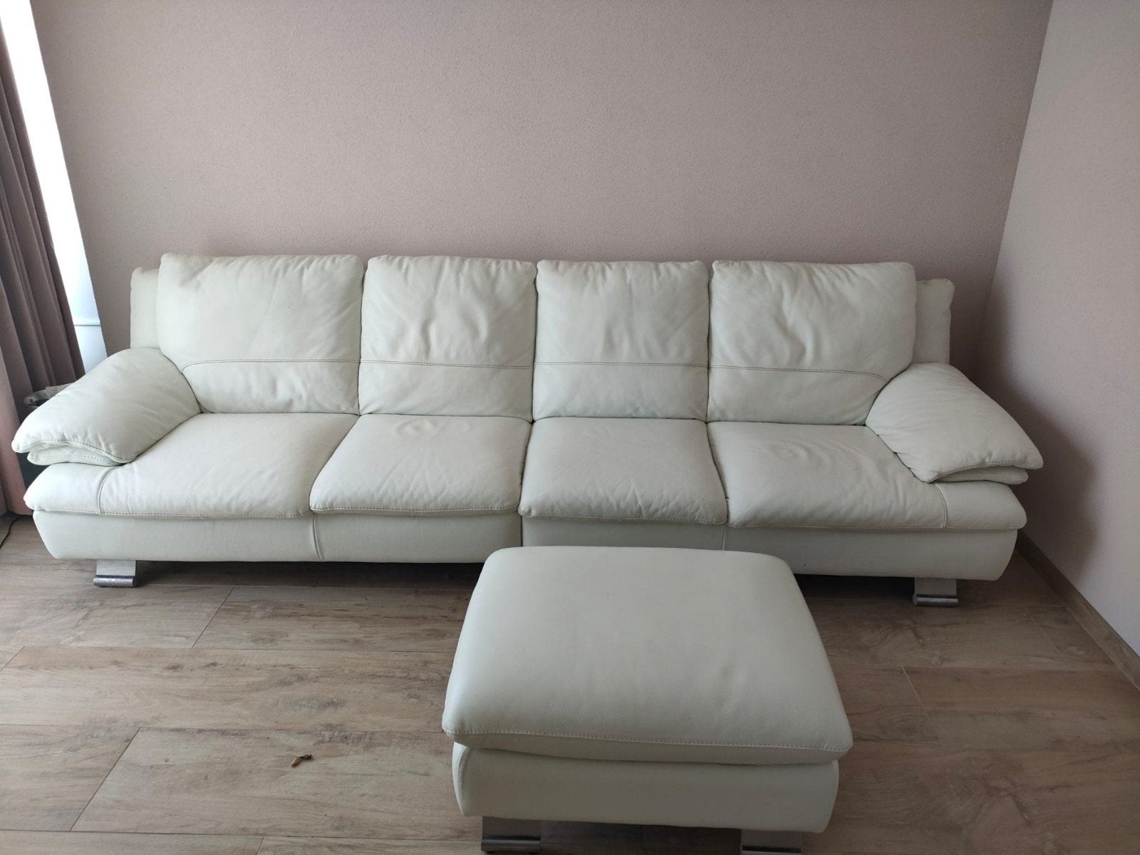 Wit Leren Bankstel met Hocker - 300cm Breed, Ophalen, Gebruikt, 300 cm of meer, Rechte bank