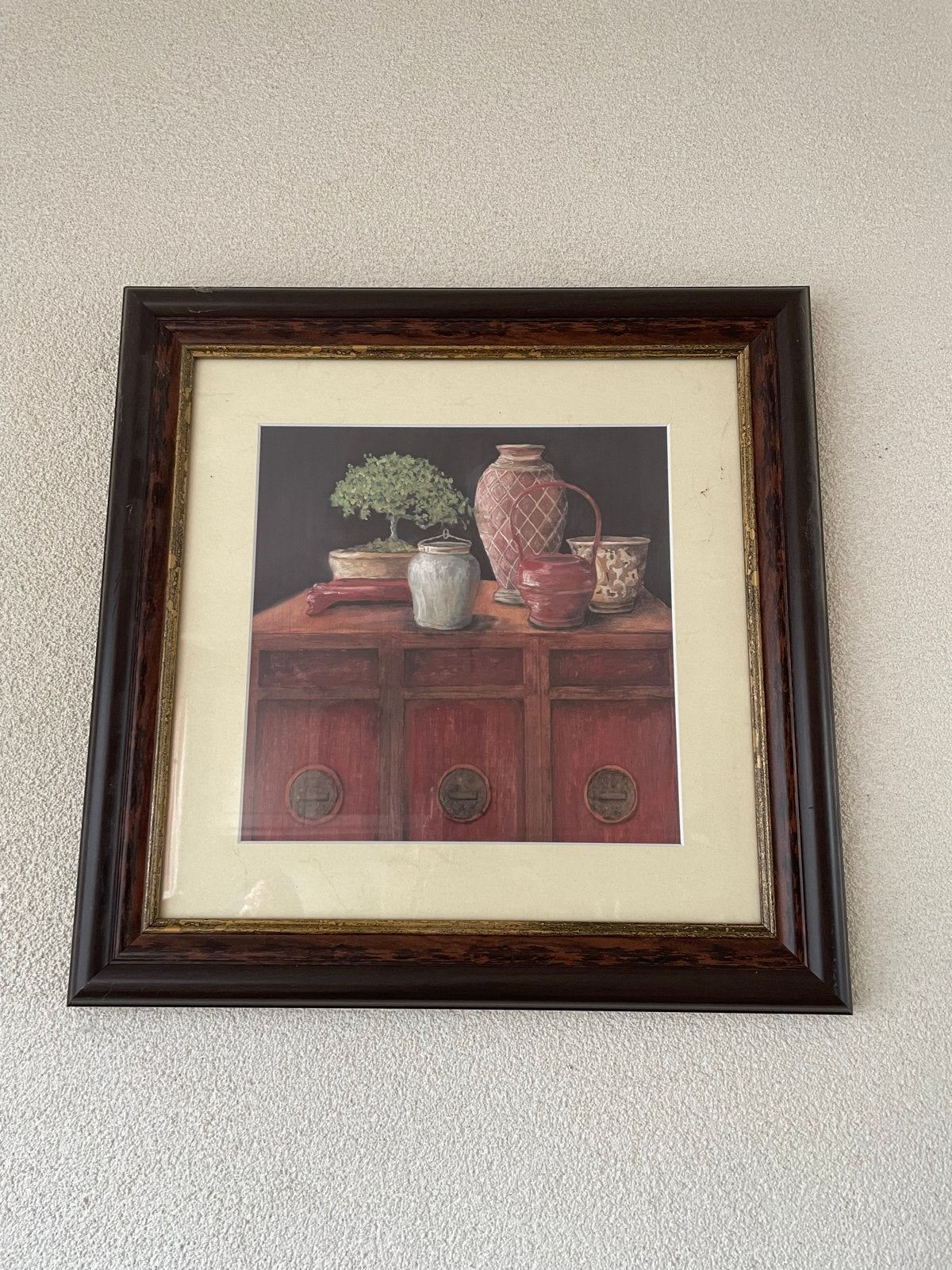 Ingelijste print met oosterse vazen en bonsai - 50x50 cm, Ophalen, Minder dan 50 cm, Gebruikt, Print