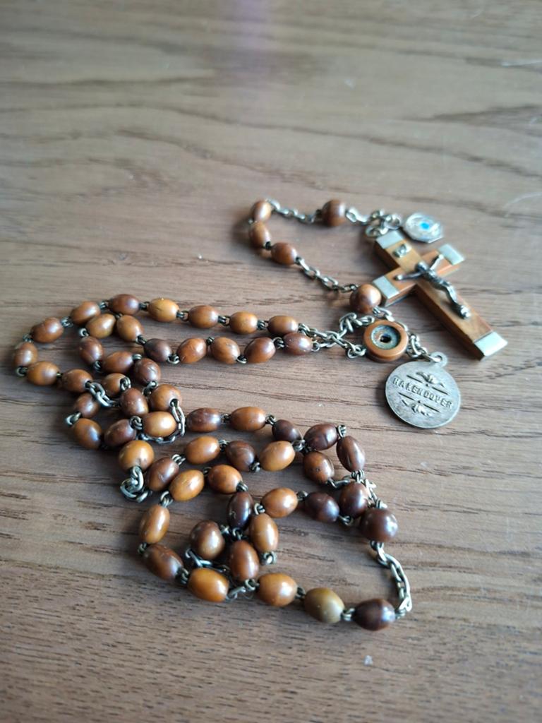 Antieke Houten Rozenkrans met Kruis en Medaillon, Antiek en Kunst, Antiek | Religie, Ophalen of Verzenden