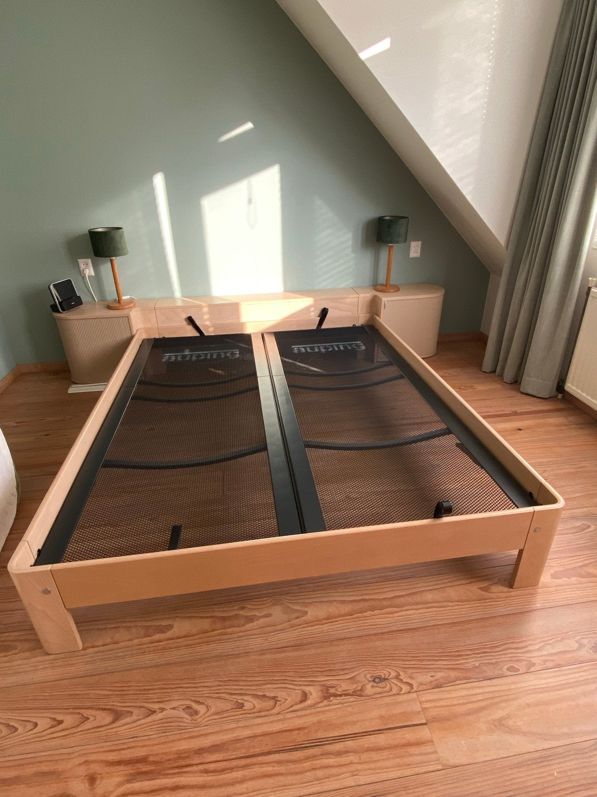 Auping Auronde bed met achterwand en nachtkastjes, beuken, Ophalen, Beige, Tweepersoons, 80 cm