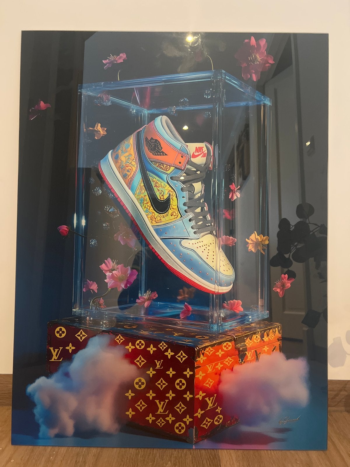 Niks Schilderij AI - Uniek Kunstwerk met Sneaker en LV Koffe, Overig onderwerp, Ophalen of Verzenden, Print, Overige materialen