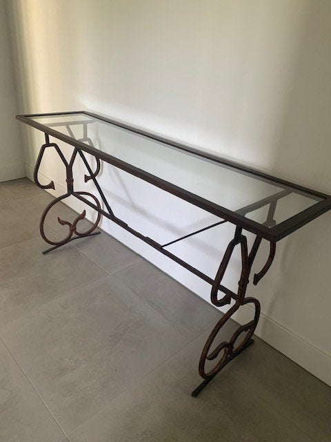 Smeedijzeren sidetable, Ophalen, 100 tot 150 cm, Zo goed als nieuw, Glas