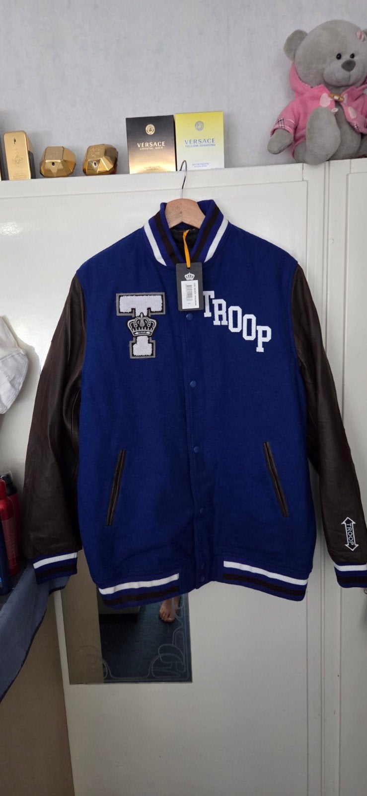Nieuwe Troop Baseball Jack Maat L met Leren Mouwen, Maat 52/54 (L), Blauw, Nieuw, Troop