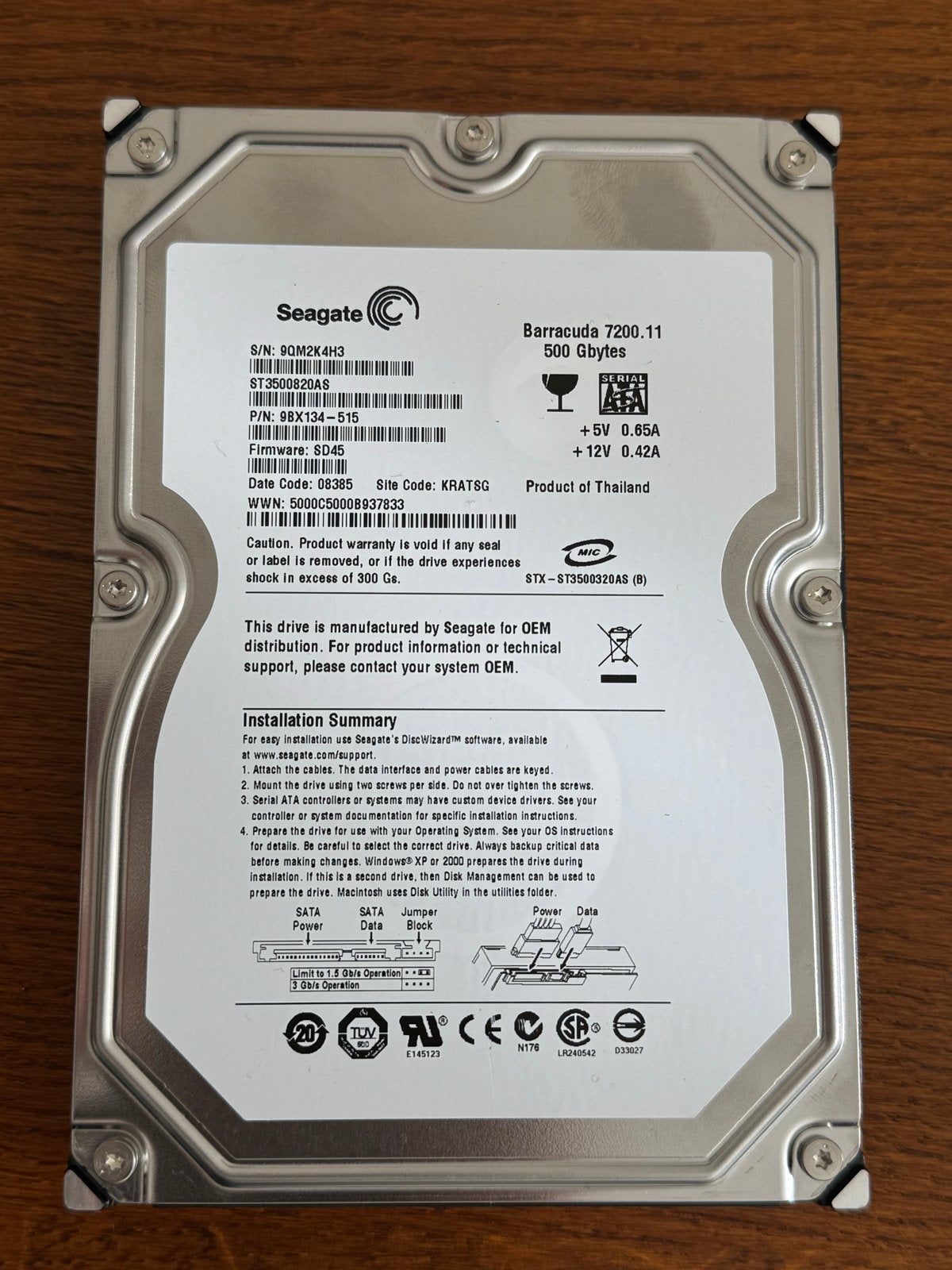 Seagate Barracuda 500GB HDD, Computers en Software, Intern, Ophalen of Verzenden, Zo goed als nieuw, Desktop