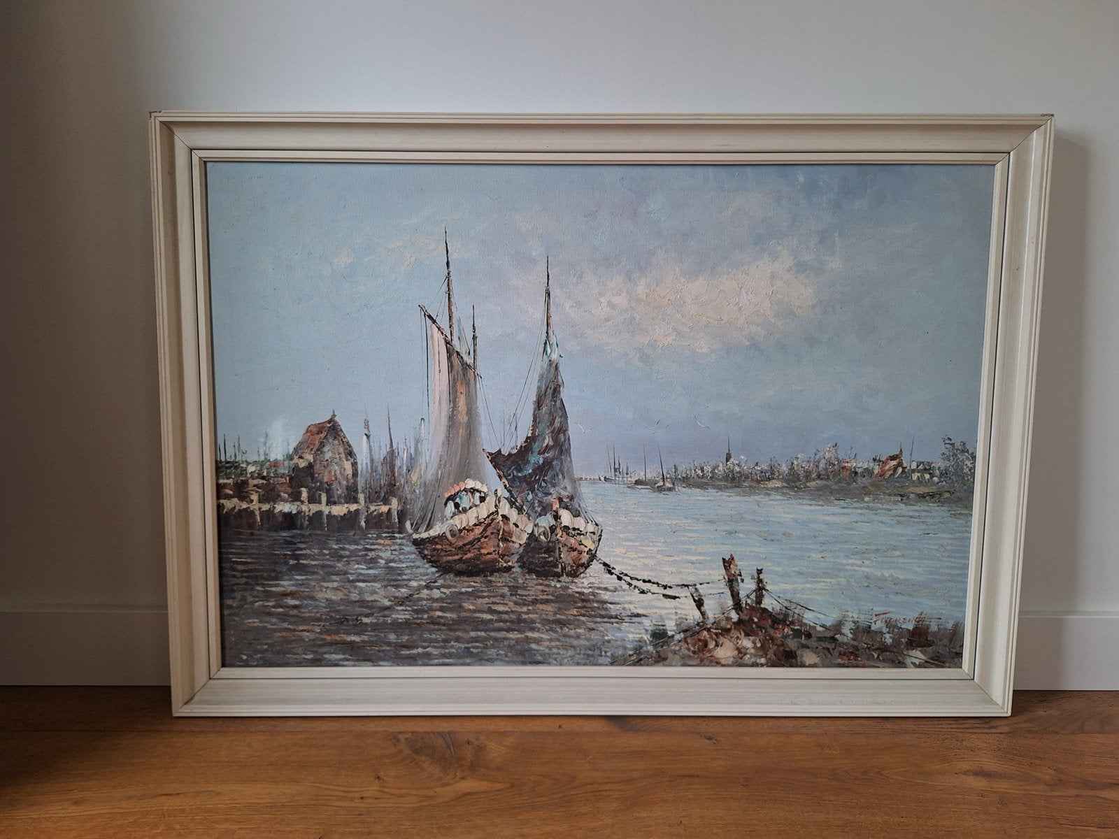 Schilderij: Maritiem Gezicht met Schepen, gesigneerd, Antiek en Kunst, Ophalen, Maritiem / water, Doek, Realistisch