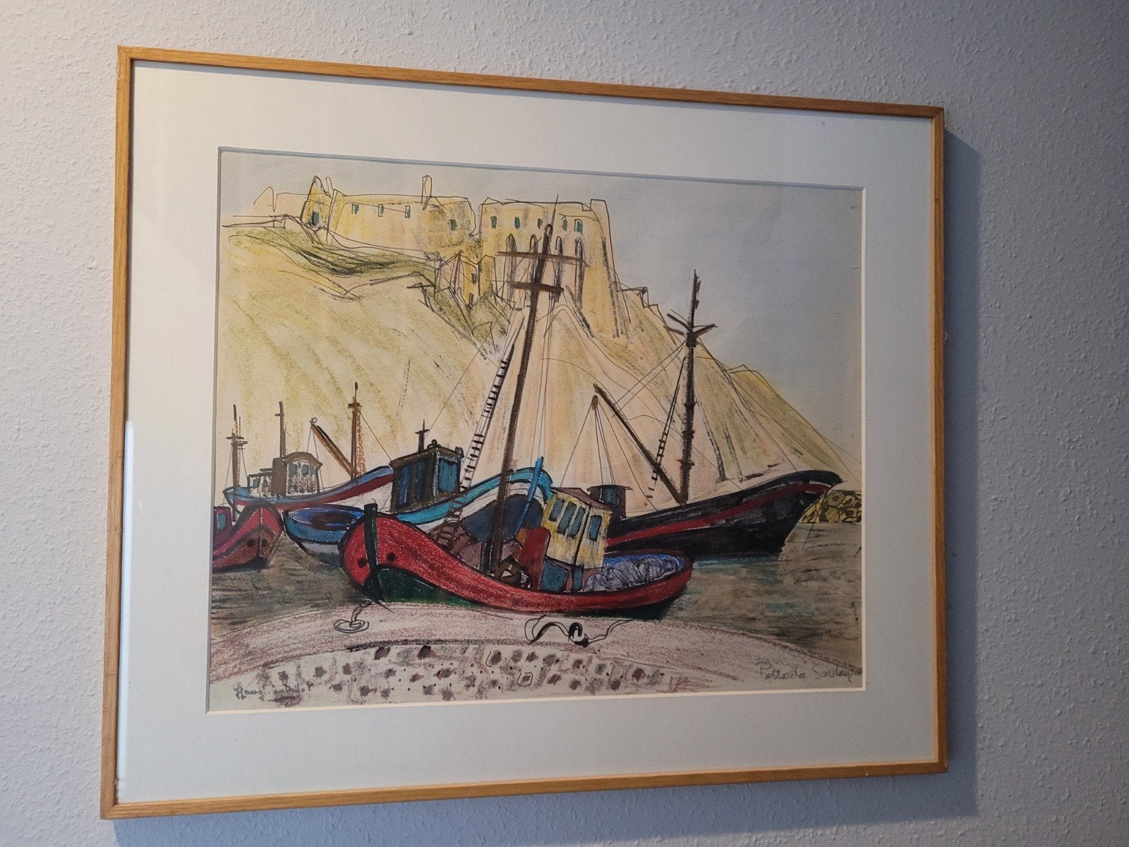 Ingelijste aquarel: Vissersboten aan de kust, Ophalen of Verzenden