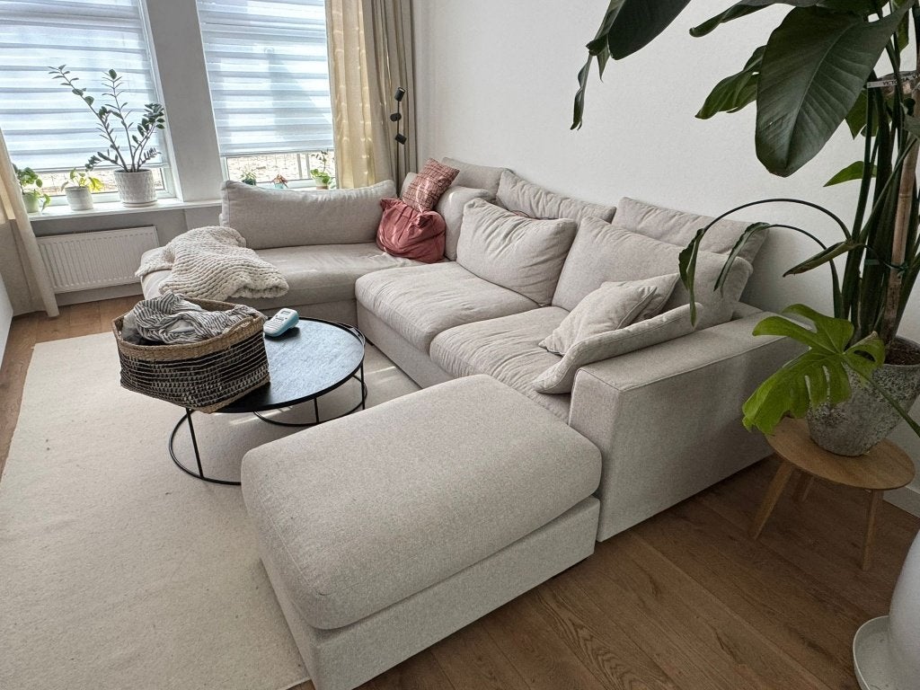 Hoekbank met lounge en hocker - Z.G.A.N. en vlekbestendig, Ophalen, Hoekbank, 300 cm of meer, Modern, neutraal, tijdloos