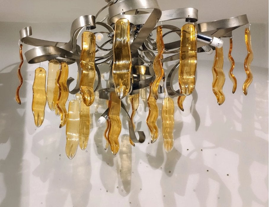 Designlamp eettafel, rvs met losse glaselementen, Huis en Inrichting, Lampen | Hanglampen, Ophalen, Zo goed als nieuw, Glas, Italiaans
