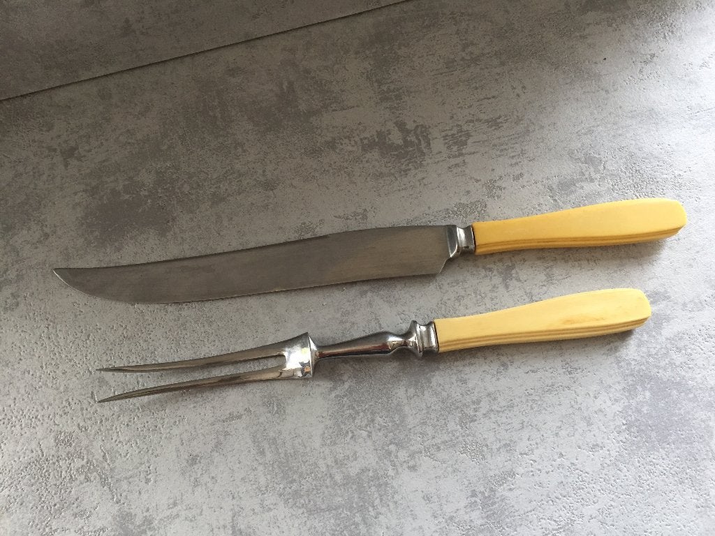 Vintage Gero Ivorno trancheer vork en vleesmes Nordique, Huis en Inrichting, Keuken | Bestek, Overige materialen, Gebruikt, Bestekset