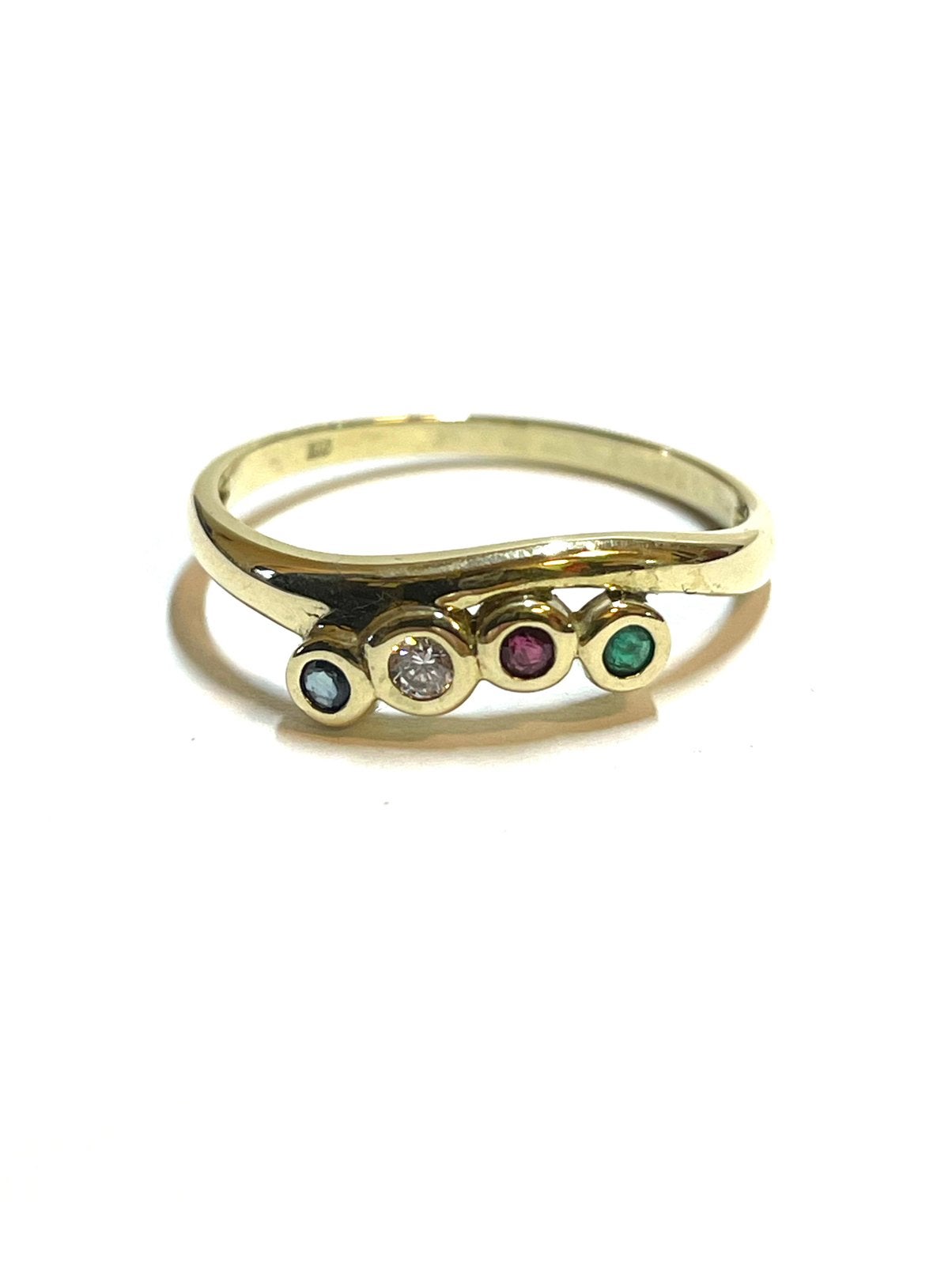 8k gouden ring met saffier, robijn, smaragd en zirkonia, 18 tot 19, -, -, Ophalen of Verzenden