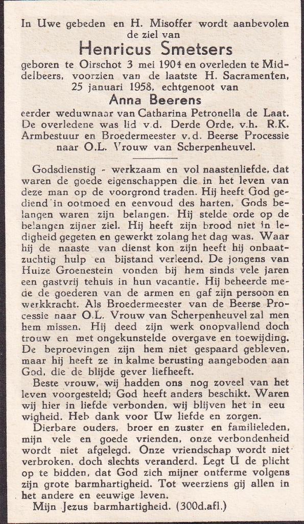 Smetsers Henricus 1904 Oirschot 1958 Middelbeers, Ophalen of Verzenden, Bidprentje