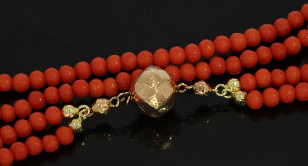 Bloedkoraal bollen antieke fraaie ketting 14k slot goud dame, Verzenden, Goud, Ketting, Met edelsteen
