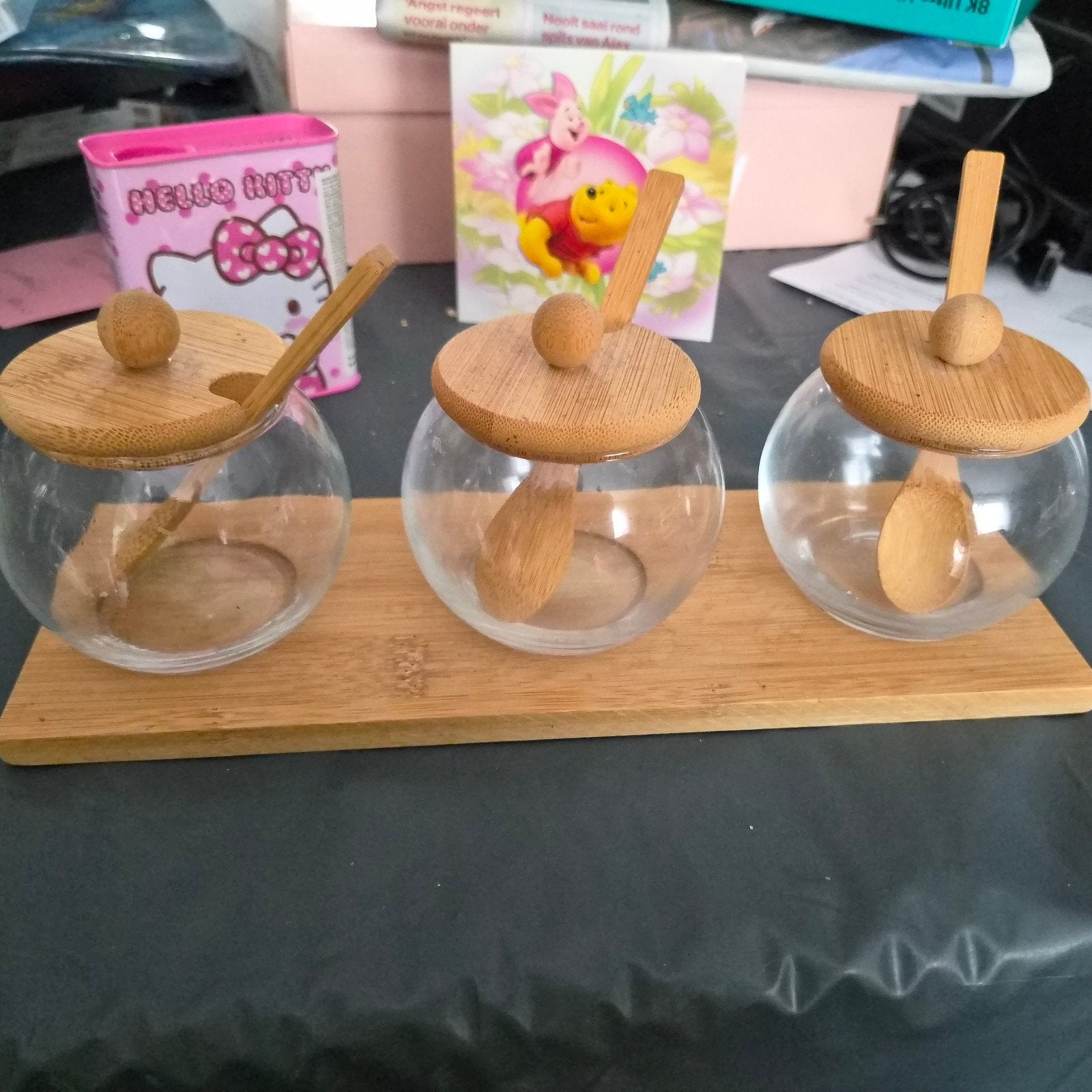 Glazen potjes met houten lepels, Huis en Inrichting, Overige typen, Nieuw, Ophalen of Verzenden, Natuurlijk materiaal