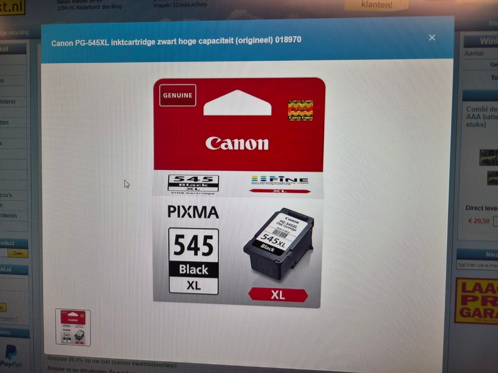 Canon PG-545XL Zwarte Inktcartridge - Origineel, Ophalen of Verzenden, Nieuw, Canon