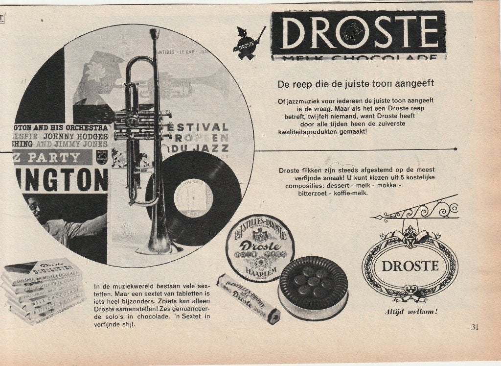 retro reclame 1961 Droste chocola de toon muziekinstrument, Verzenden, Overige typen