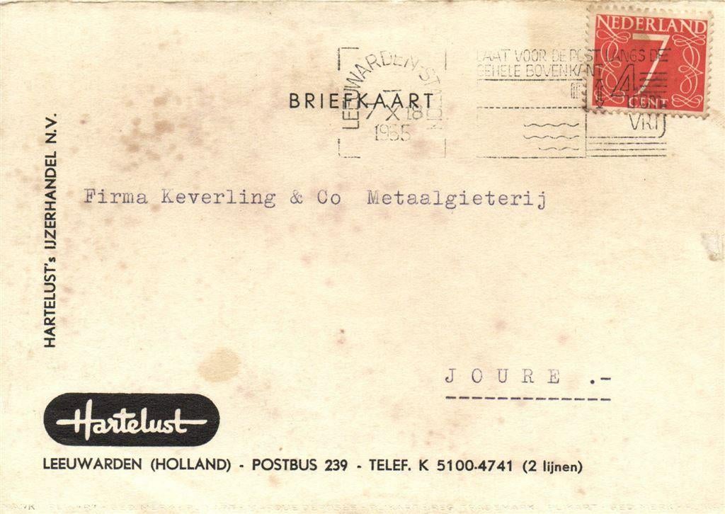 Hartelust IJzerhandel NV, Leeuwarden - 10.1955 - briefkaart, Ophalen of Verzenden, Briefkaart