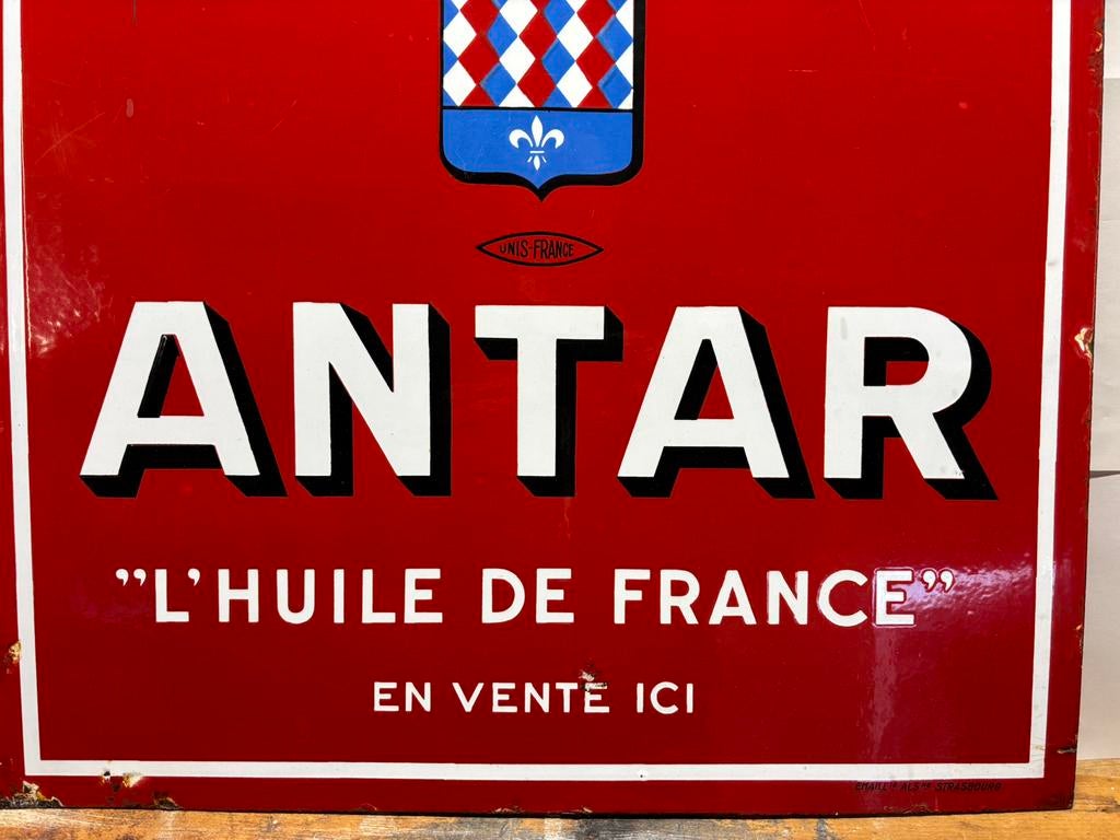 Antar “l huile de france emaille reclamebord, Ophalen of Verzenden, Gebruikt, Reclamebord