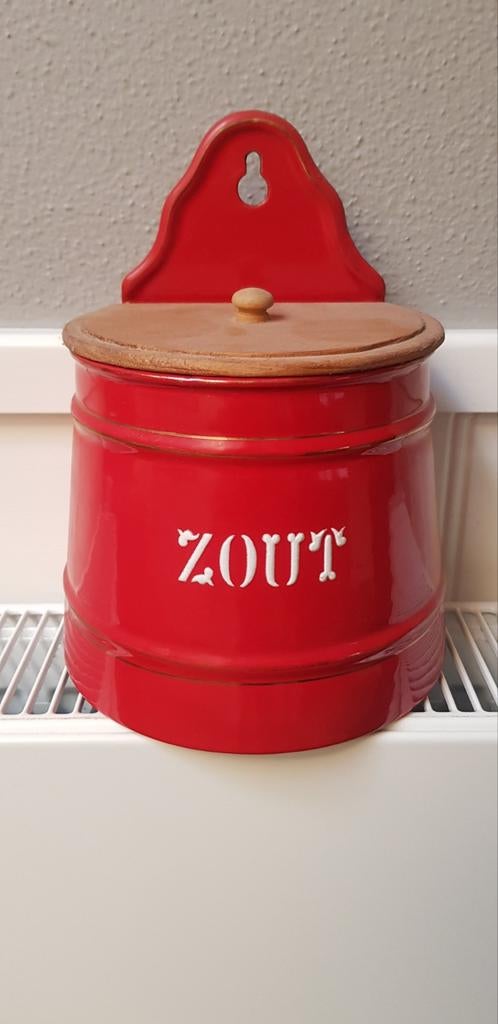 Rood emaille zout pot bk gouden bies, Ophalen of Verzenden