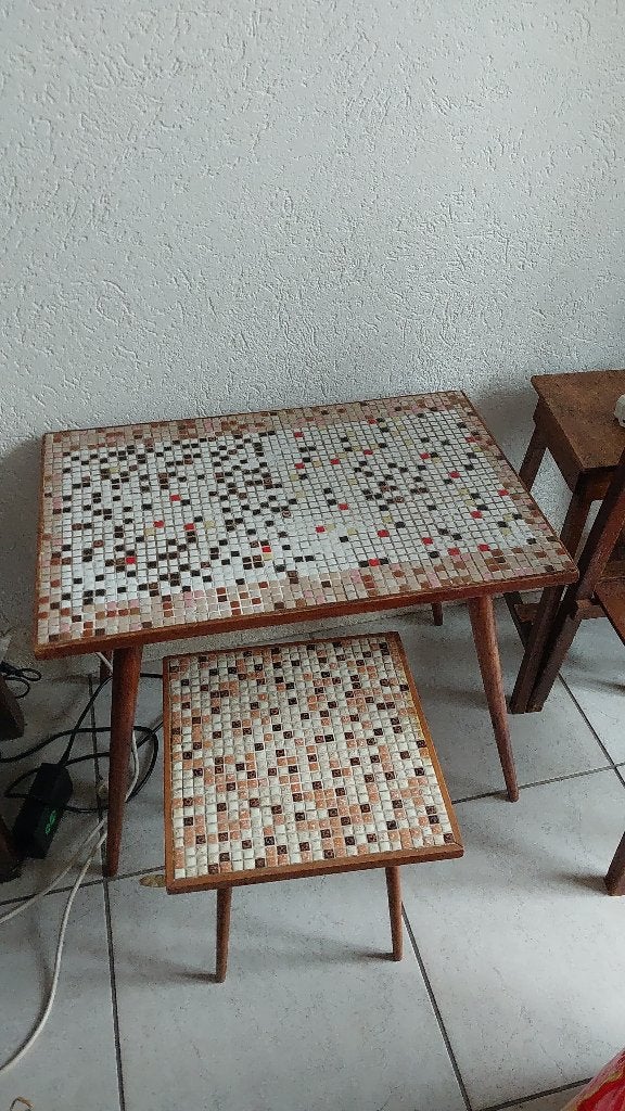 Vintage mozaïek bijzettafels – set van 2, Minder dan 55 cm, Rond, Zo goed als nieuw, Ophalen