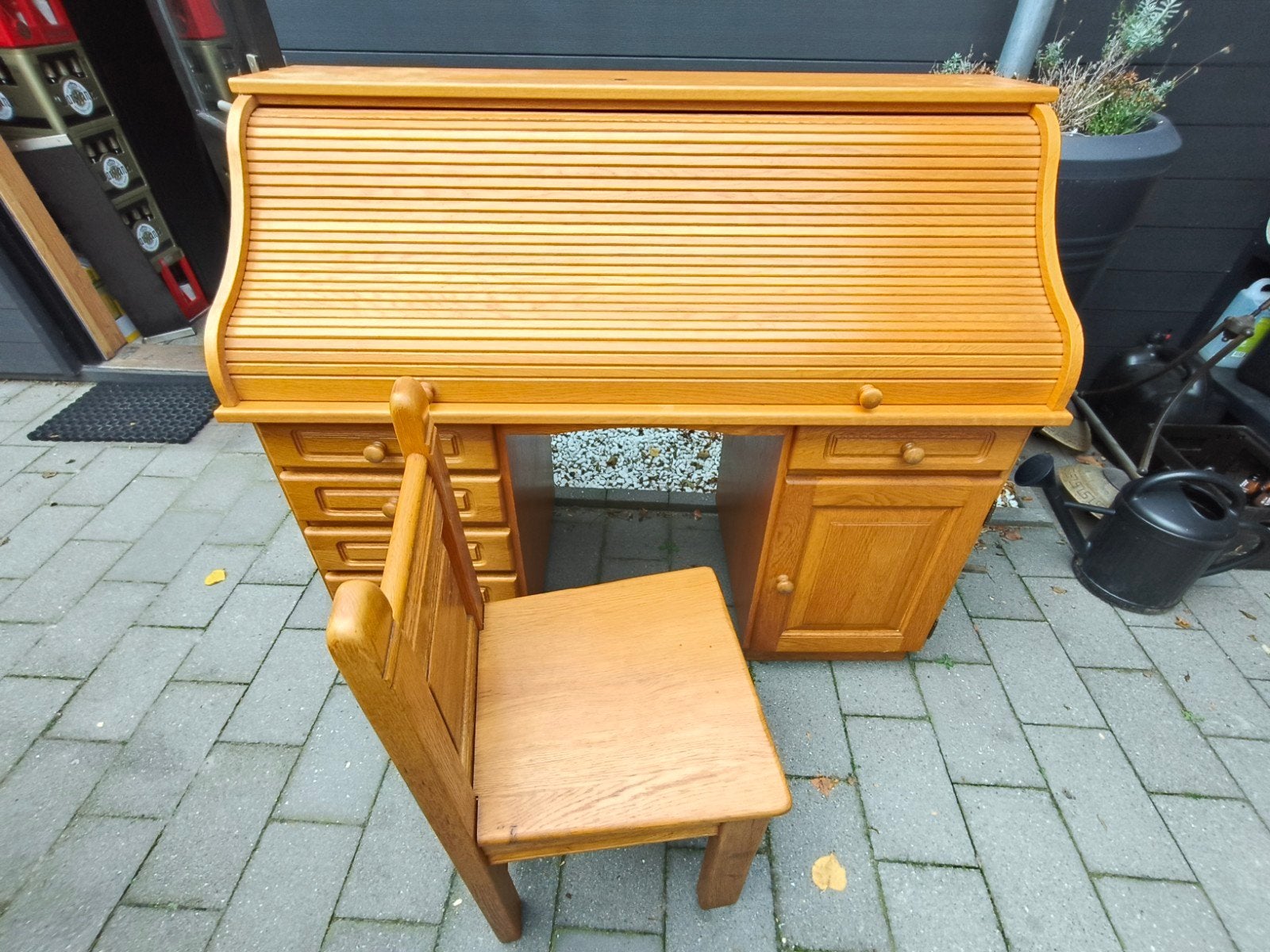 Secretaire/rolluikbureau van gelakt blank hout, Huis en Inrichting, Ophalen, Met lades, Gebruikt, Hout